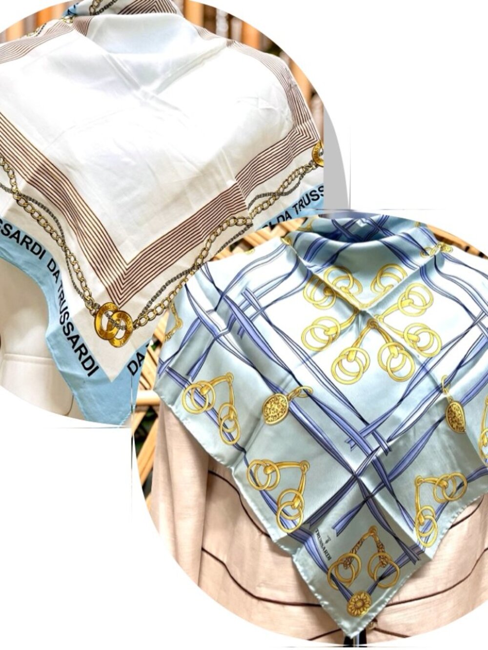 (2) Never Won TRUSSARDI Scarf Silk 20-22.5" Blue White Gold Chain ( 65) - Picture 2 of 14
